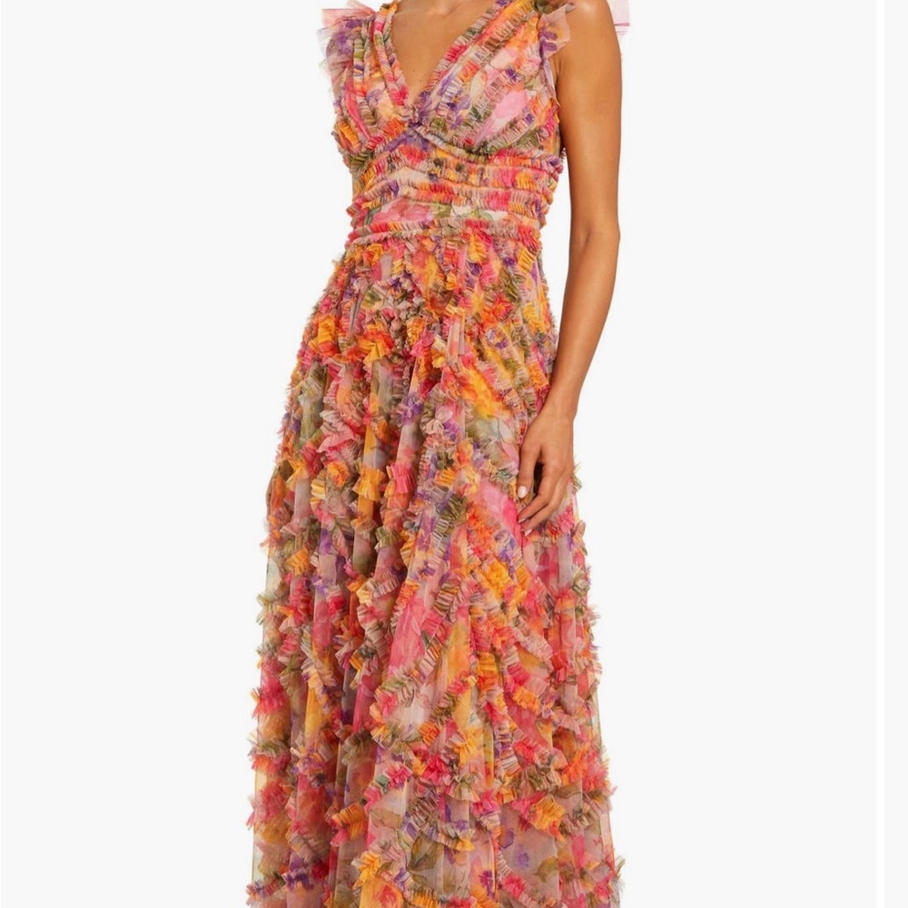 Mac Duggal Printed Floral Mesh
Ruffle V Neck Ankle Colorful Dress